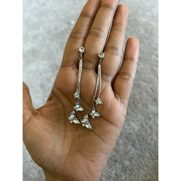 Silver butterfly earrings ,long clear rhinestone fringe chain gold bride earring - Picture 3 of 8
